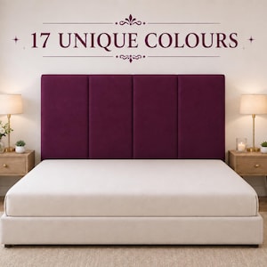May include: A deep purple upholstered headboard with four vertical panels, positioned above a plain white mattress and base. The wall above features the text 17 UNIQUE COLOURS in dark purple, flanked by decorative star and scroll accents.