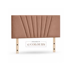 May include: A rectangular headboard upholstered in a dusty rose velvet fabric featuring vertical channel tufting that radiates outward. The headboard is supported by two light-coloured wooden legs with adjustable mounting holes. Text reads: AVAILABLE IN 17 COLOURS.