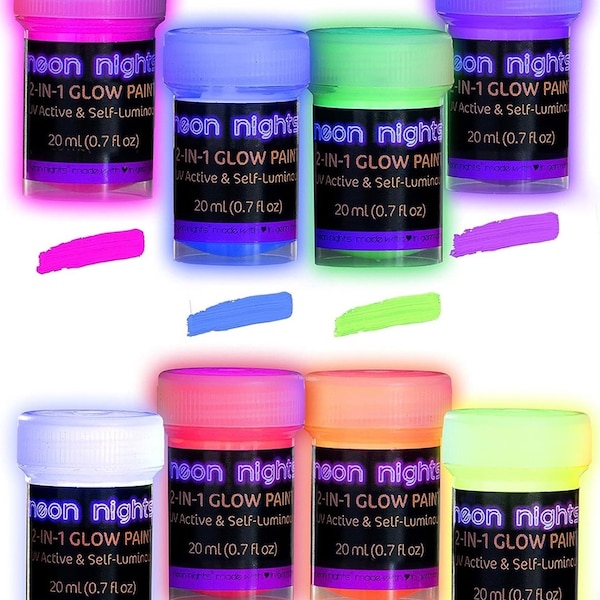 Neon nights 2-IN-1 Glow In The Dark Acrylic Paint Set Glows in the Dark & under UV Blacklight - Set of 8 Self-Luminous Neon Paints for Hallo