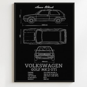 Volkswagen Golf MK2 GTI - Plano - Impresión premium, arte mural automotriz, póster de autos antiguos/clásicos/vintage, ilustraciones