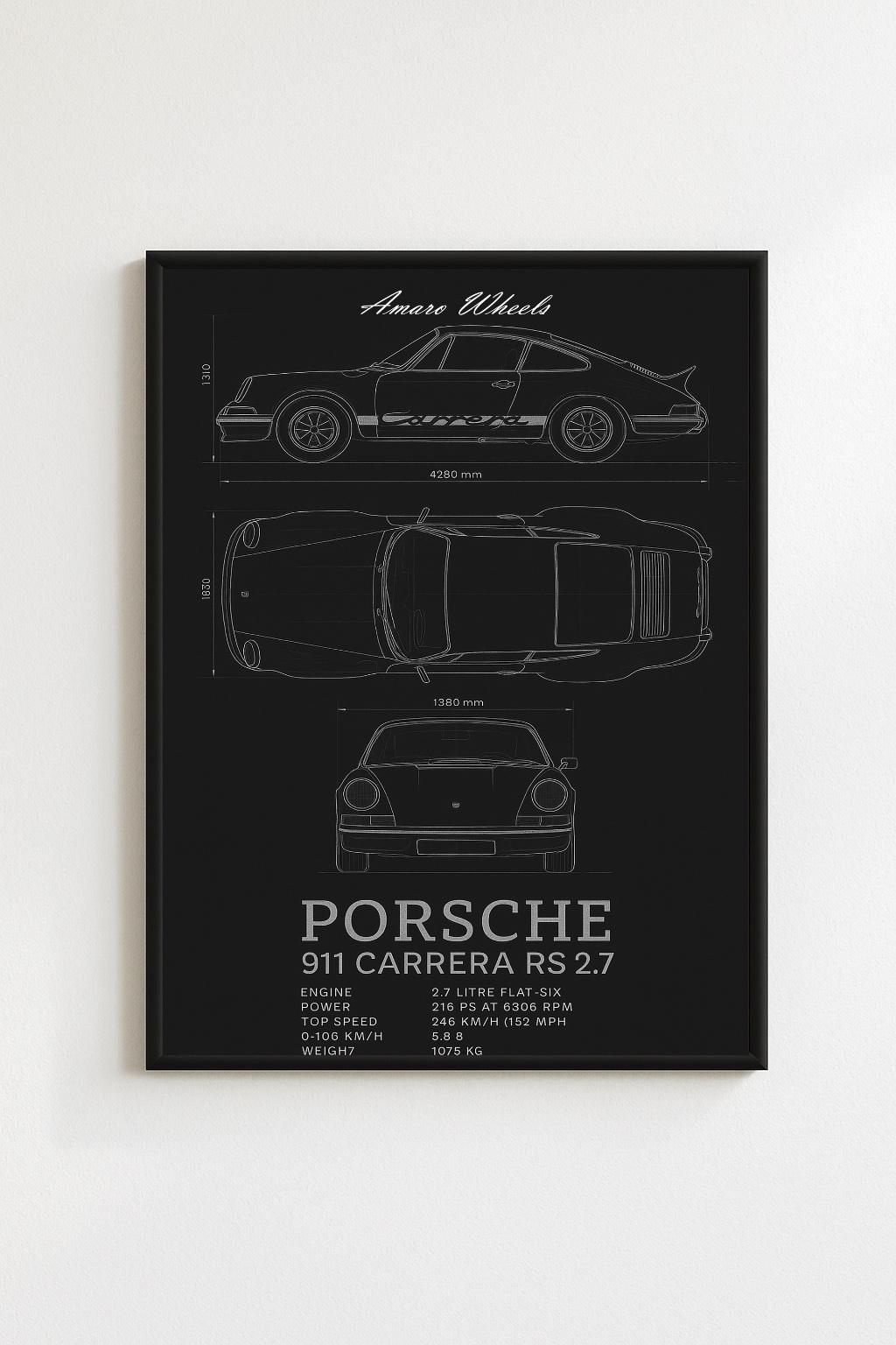 Porsche 911 Carrera RS 2.7 - Blueprint - Stampa Premium, Arte Murale Automobilistica, Poster di Auto d'Epoca/Classiche/Vecchie, Illustrazioni