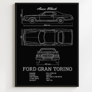 Ford Gran Torino 1974 - Blueprint - Premium Print, Automotive Wall Art, Old/Classic/Vintage Car Poster, Illustrations
