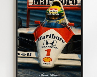 Poster dell&#39;auto di F1 Ayrton Senna n. 3 - Stampa da parete del pilota di Formula 1 d&#39;epoca - Stampa classica del motorsport - Illustrazione di un&#39;icona leggendaria delle corse