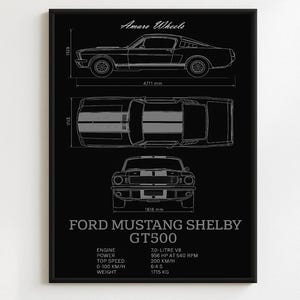 Ford Mustang Shelby GT500 1966 - Blueprint - Premium Print, Automotive Wall Art, Old/Classic/Vintage Car Poster, Illustrations