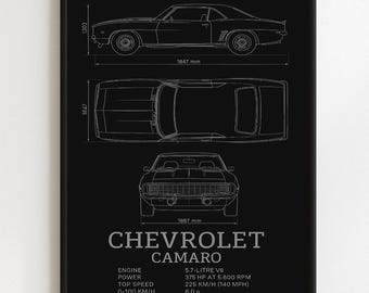 Chevrolet Camaro 1969 - Blueprint - Stampa Premium, Arte Murale Automobilistica, Poster di Auto d&#39;Epoca/Classiche/Vecchie, Illustrazioni