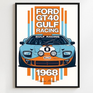 Ford GT40 - Gulf Racing Rally/Rallye - Premium Print, Automotive Wall Art, Old/Classic/Vintage Car Poster, Illustrations