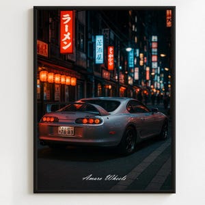 Póster del Toyota Supra MK4 – Escena callejera de Tokio, Japón – Arte mural premium de automóviles vintage – Ilustración clásica de coches JDM – Decoración de coches retro