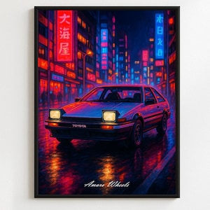 Toyota Corolla AE86 Neon Tokyo Poster – Classic JDM Car Wall Art – Vintage Japanese Street Racing Print – Retro Automotive Illustration