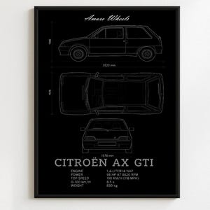 Citroen AX GTI - Blueprint - Premium Print, Automotive Wall Art, Old/Classic/Vintage Car Poster, Illustrations
