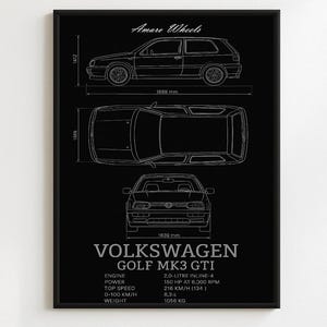 Volkswagen Golf MK3 GTI - Plano - Impresión premium, arte mural automotriz, póster de autos antiguos/clásicos/vintage, ilustraciones