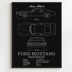Ford Mustang Fastback 1969 - Blueprint - Premium Print, Automotive Wall Art, Old/Classic/Vintage Car Poster, Illustrations