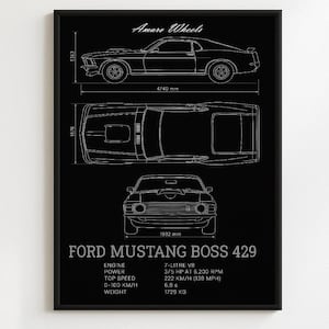 Ford Mustang Boss 429 1969 - Blueprint - Premium Print, Automotive Wall Art, Old/Classic/Vintage Car Poster, Illustrations