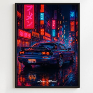 Póster neón de Mazda RX-7 Tokio: arte mural de un deportivo JDM clásico; impresión vintage de carreras callejeras japonesas; ilustración automotriz retro.