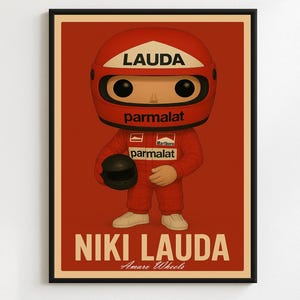 Funko Pop Niki Lauda Poster – F1 Driver Art Print – Formula 1 Racing Wall Decor – Vintage Motorsport Illustration – Racing Legend Gift