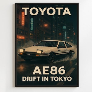 Toyota Corolla AE86 Poster – Tokyo Japan Street Drift Scene – Premium Vintage Automotive Wall Art – Classic JDM Drift Car Illustration