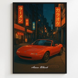 Mazda Miata MX5 Poster – Tokyo Japan Streets Scene – Premium Vintage Automotive Wall Art –Classic JDM Roadster Illustration –Retro Car Decor