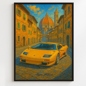 Lamborghini Diablo Poster – Italian Streets Scene – Premium Vintage Automotive Wall Art – Classic Italian Supercar Illustration – Retro Car