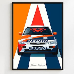 Ford Escort RS Cosworth - Repsol Rally/Rallye - Premium Print, Automotive Wall Art, Old/Classic/Vintage Car Poster, Illustrations