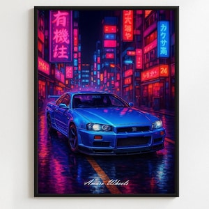 Nissan Skyline GT-R R34 Neon Tokyo Poster – Iconic JDM Sports Car Wall Art – Vintage Japanese Street Racing Print – Automotive Illustration