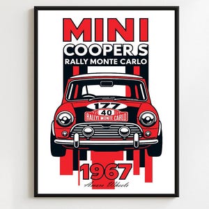 Mini Cooper S No.2 - モンテカルロラリー/ラリー - プレミアムプリント、自動車ウォールアート、旧車/クラシックカー/ヴィンテージカーポスター、イラスト