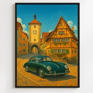 Porsche 356 Pre-A Poster – Deutschland Straßenszene – Premium Vintage Automobile Wandkunst – Klassische Porsche Illustration – Retro-Auto-Dekor