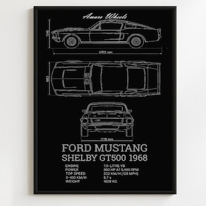 Ford Mustang Shelby GT500 1968 - Blueprint - Premium Print, Automotive Wall Art, Old/Classic/Vintage Car Poster, Illustrations