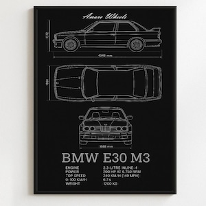 BMW M3 E30 - Blueprint - Premium Print, Automotive Wall Art, Old/Classic/Vintage Car Poster, Illustrations