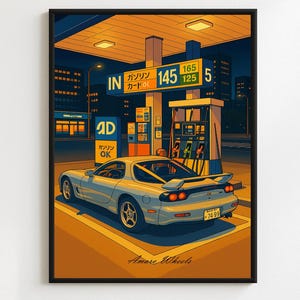 Mazda RX-7 Poster – Tokyo Japan Fuel Pump Scene – Premium Vintage Automotive Wall Art – Classic JDM Car Illustration – Retro Car Decor