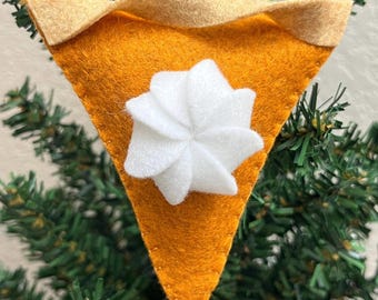 Felt handmade pumpkin pie with whipped cream ornament