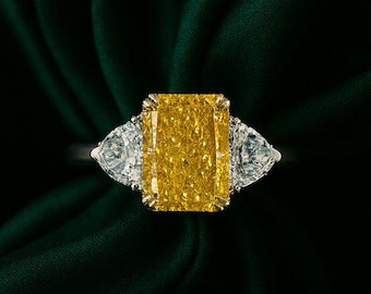 Radiant Fancy Yellow Diamond Three-Stone Ring | 18K White Gold | Cadillac Diamond Sides | 3.06ct Center