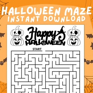Op de afbeelding: Een Halloween-thema doolhof met de tekst "Halloween Maze Instant Download" bovenaan. Het doolhof is wit met een zwarte omtrek, en de woorden "Happy Halloween" staan in het midden. De achtergrond is oranje met vleermuizen en spinnenwebben.