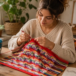 May include: A person crocheting a vibrant, multi-coloured blanket with a chevron pattern using a red yarn border and fringe. A metal crochet hook is in use, with a wire basket filled with various colourful yarn balls sitting on a wooden table.