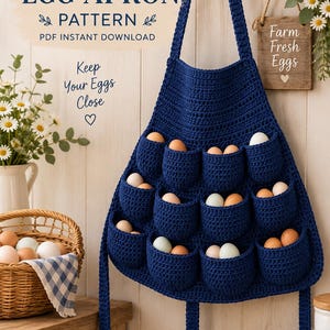 Könnte beinhalten: Eine dunkelblaue Eierschürze aus Häkelarbeit mit mehreren Taschen, die mit verschiedenfarbigen Eiern gefüllt sind. Der Text lautet: Crochet EGG APRON PATTERN PDF INSTANT DOWNLOAD, Keep Your Eggs Close, Farm Fresh Eggs, PDF PATTERN, BEGINNER FRIENDLY, DETAILED INSTRUCTIONS, INSTANT DOWNLOAD.