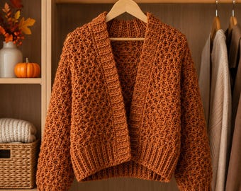 Crochet Cardigan Pattern PDF, Chunky Cropped Cardigan, Textured Sweater Pattern, Easy Crochet Jacket, Instant Download