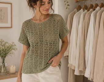 Patrón de top de crochet verde salvia / Camisa de malla de verano en PDF