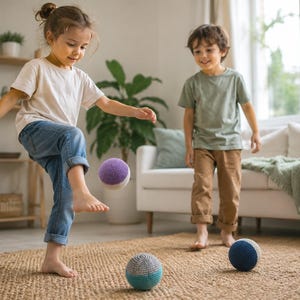 May include: Two children playing with colorful crocheted balls in a living room. One child kicks a purple and white ball, while two other balls, one teal and gray, and one blue and white, rest on the jute rug. The room has a neutral color palette.