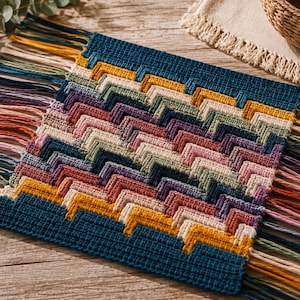 May include: A rectangular woven wall hanging featuring a geometric chevron pattern in shades of teal, mustard yellow, dusty pink, sage green, and cream. The textile piece is finished with long, multi-colored fringe tassels along both side edges.
