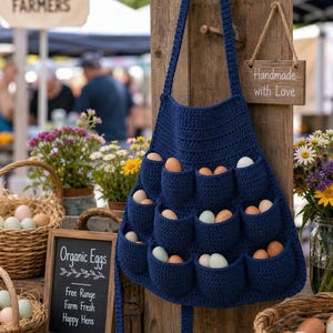 May include: A navy blue crochet egg gathering apron with multiple pockets, filled with brown and white eggs. The apron hangs on a wooden post near baskets of eggs and flowers. A sign reads "Organic Eggs".