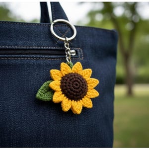 Puede incluir: Un llavero de girasol tejido a ganchillo con una flor amarilla y marrón y una hoja verde. El llavero está sujeto a un llavero plateado y cuelga de un bolso de mezclilla azul oscuro.