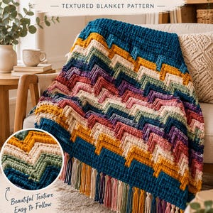 May include: A crochet blanket pattern titled Apache Tears Crochet Pattern Textured Blanket Pattern featuring a multi-coloured chevron design in teal, mustard, cream, pink, and purple with fringe along the bottom edge and a circular inset detail.