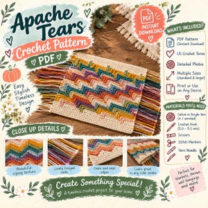 May include: A digital crochet pattern for an Apache Tears design featuring a multi-colored zigzag texture with fringe. The document includes text for an instant PDF download, a list of materials like 5.0-5.5 mm hooks, and close-up images.