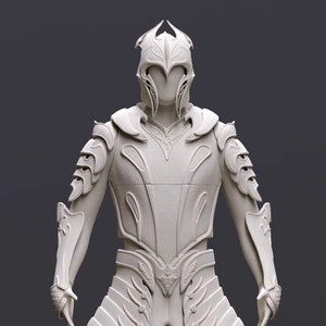 May include: A white, detailed, sculpted figure of a warrior wearing armor with a helmet. The armor has intricate designs and the figure is standing with its arms at its sides.