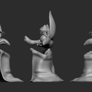 May include: A gray 3D model of a cartoon bat with large ears and a cape. The bat is shown from the front, side, and back.