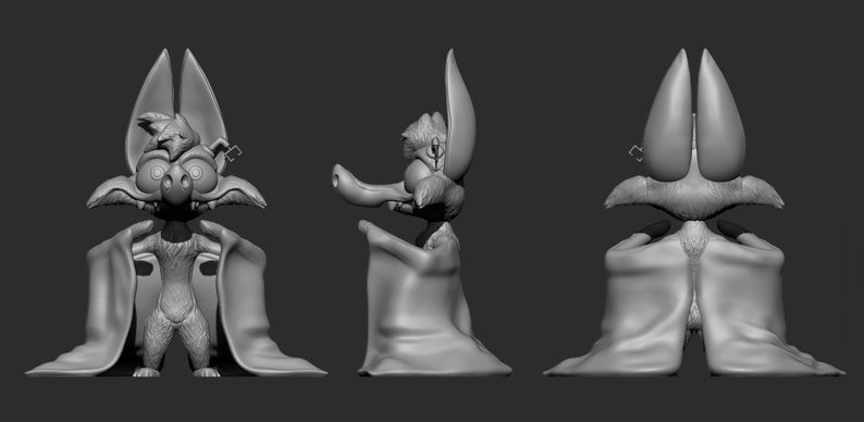 May include: A gray 3D model of a cartoon bat with large ears and a cape. The bat is shown from the front, side, and back.