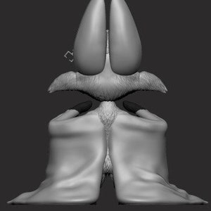 May include: A gray 3D model of a cartoon character with large ears, a furry body, and a cape. The character is sitting with its arms crossed and its head tilted slightly forward.