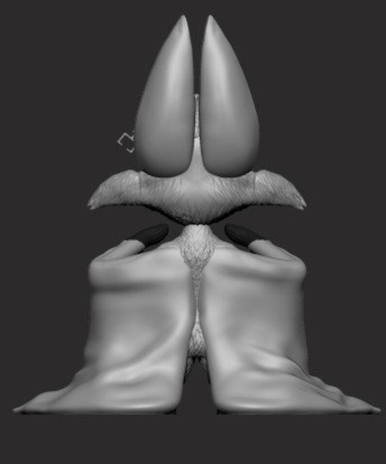 May include: A gray 3D model of a cartoon character with large ears, a furry body, and a cape. The character is sitting with its arms crossed and its head tilted slightly forward.