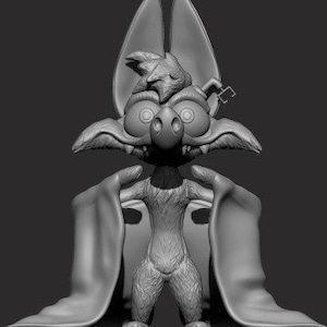 May include: A gray 3D model of a cartoon bat with large ears and a cape. The bat has a wide grin and large, round eyes.