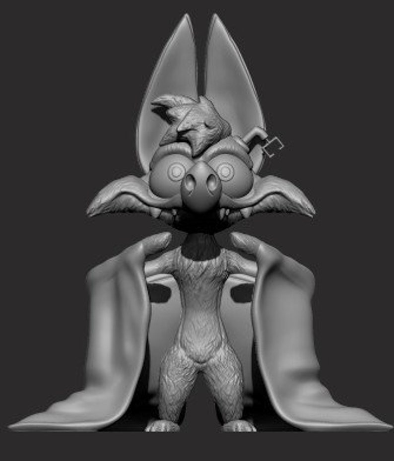 May include: A gray 3D model of a cartoon bat with large ears and a cape. The bat has a wide grin and large, round eyes.