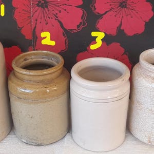 Può includere: Una collezione di cinque antichi vasi in gres di varie dimensioni e stili. I vasi sono principalmente color crema e marrone chiaro, alcuni mostrano segni di età e usura. Un vaso ha una superficie screpolata e strutturata. I vasi sono esposti su uno sfondo di opere d'arte floreali rosse.