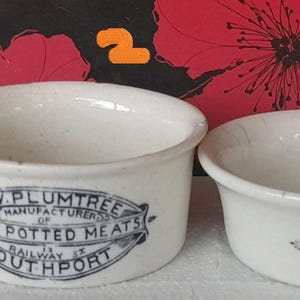 Puede incluir: Cuatro ollas de cerámica blanca antiguas con texto negro. Las ollas están etiquetadas como "Springfield Home Potted Meats", "G.W. Plumtree Home Potted Meats", "J. Hunter Purveyors" y "C.M. Flockhart & Co."